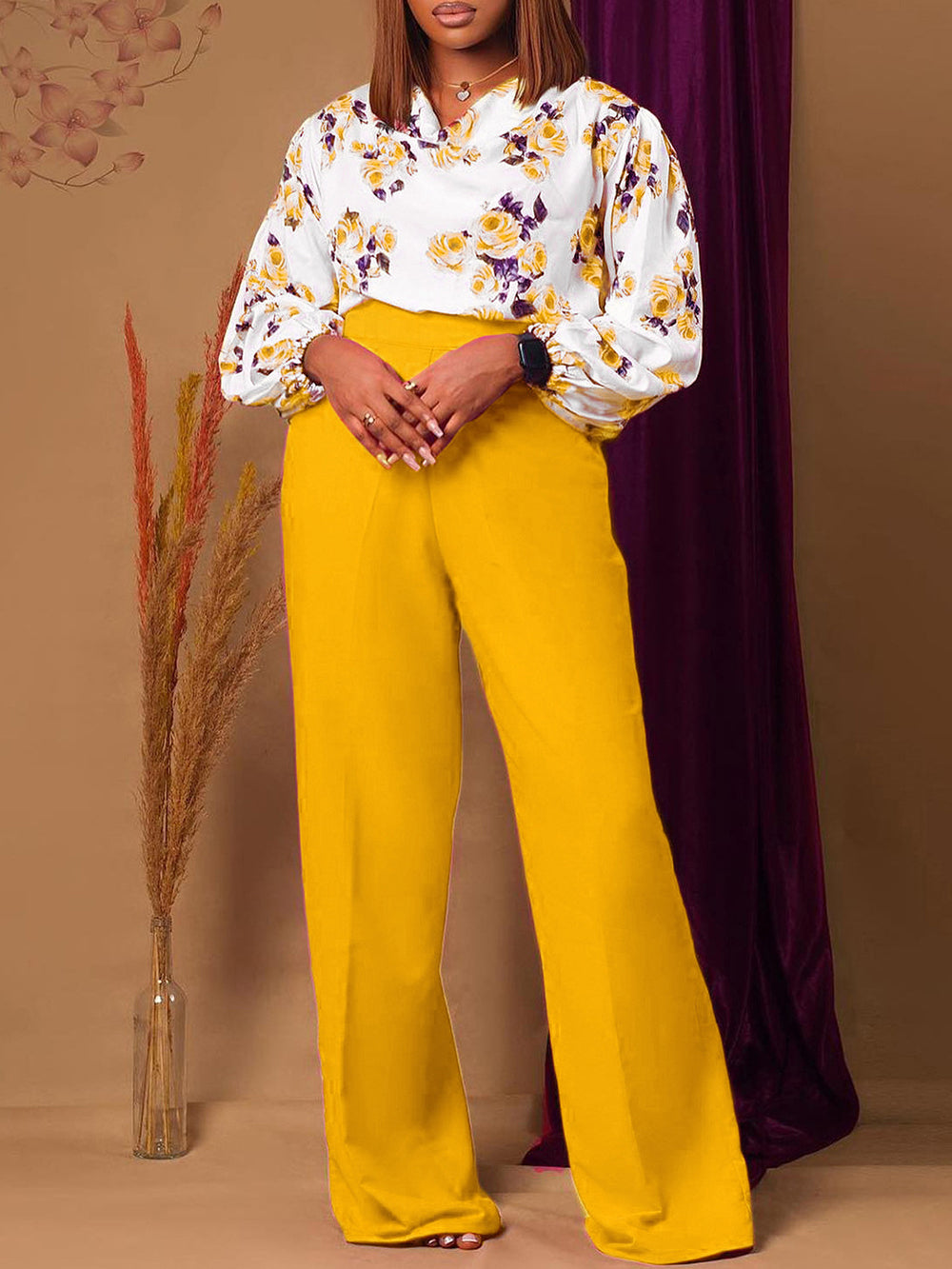 Elegant Rose Print Blouse And Wide Leg Pants Set