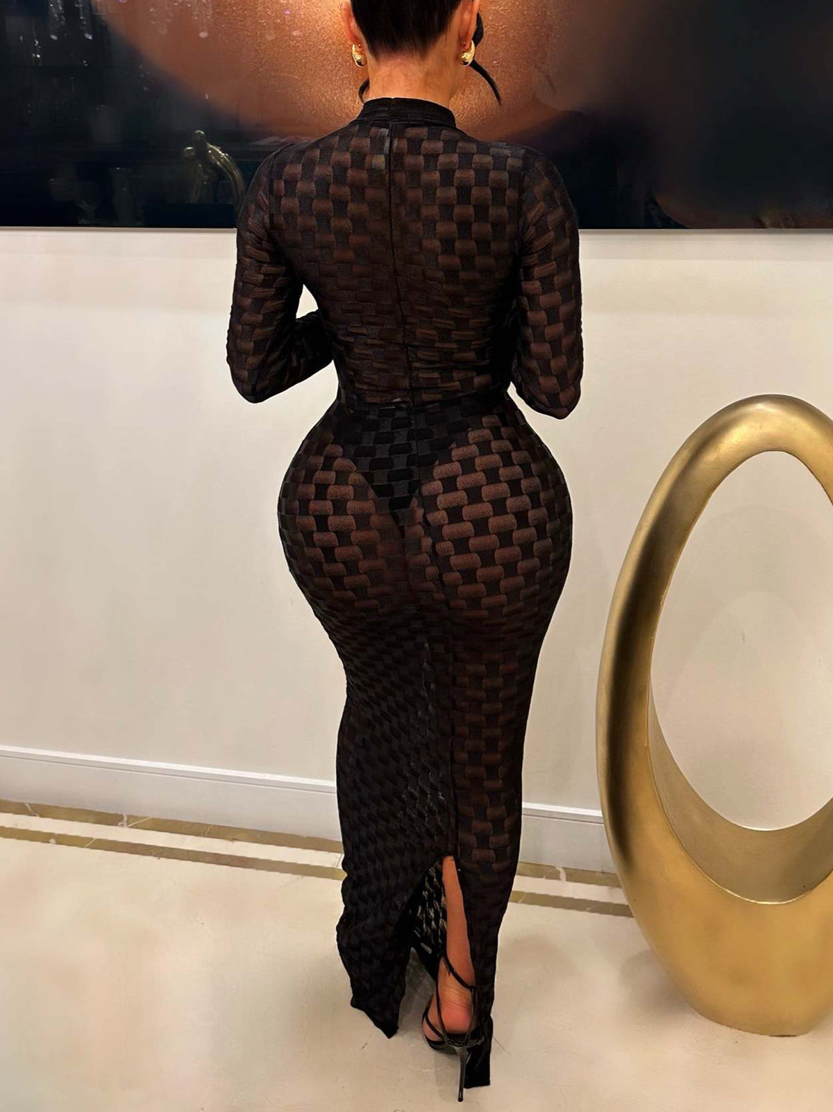 Sexy Grid See through Slim Long Dress