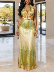 Sexy Halterneck Deep V Print Maxi Dress