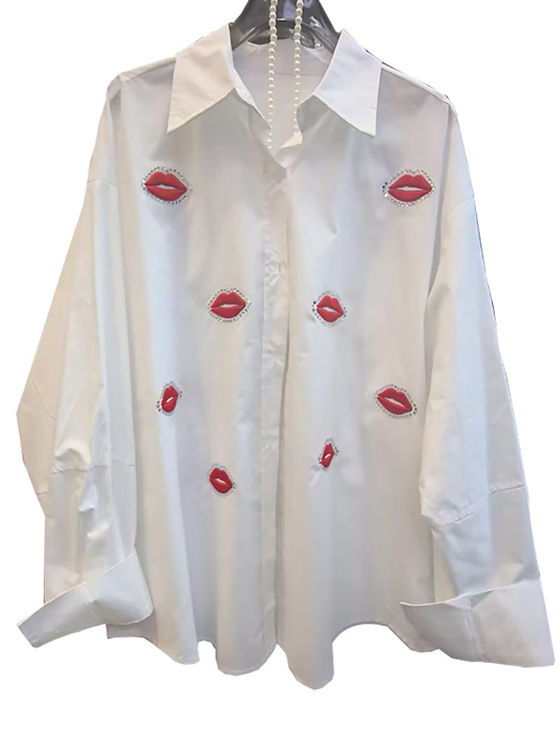 Casual Rhinestone Lip Print Blouse