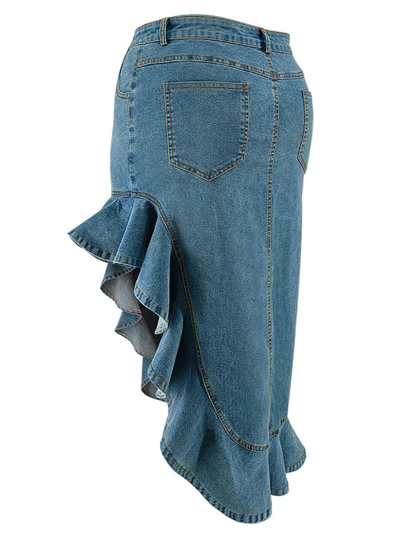 Plus Size High Waist Ruffles Denim Skirt