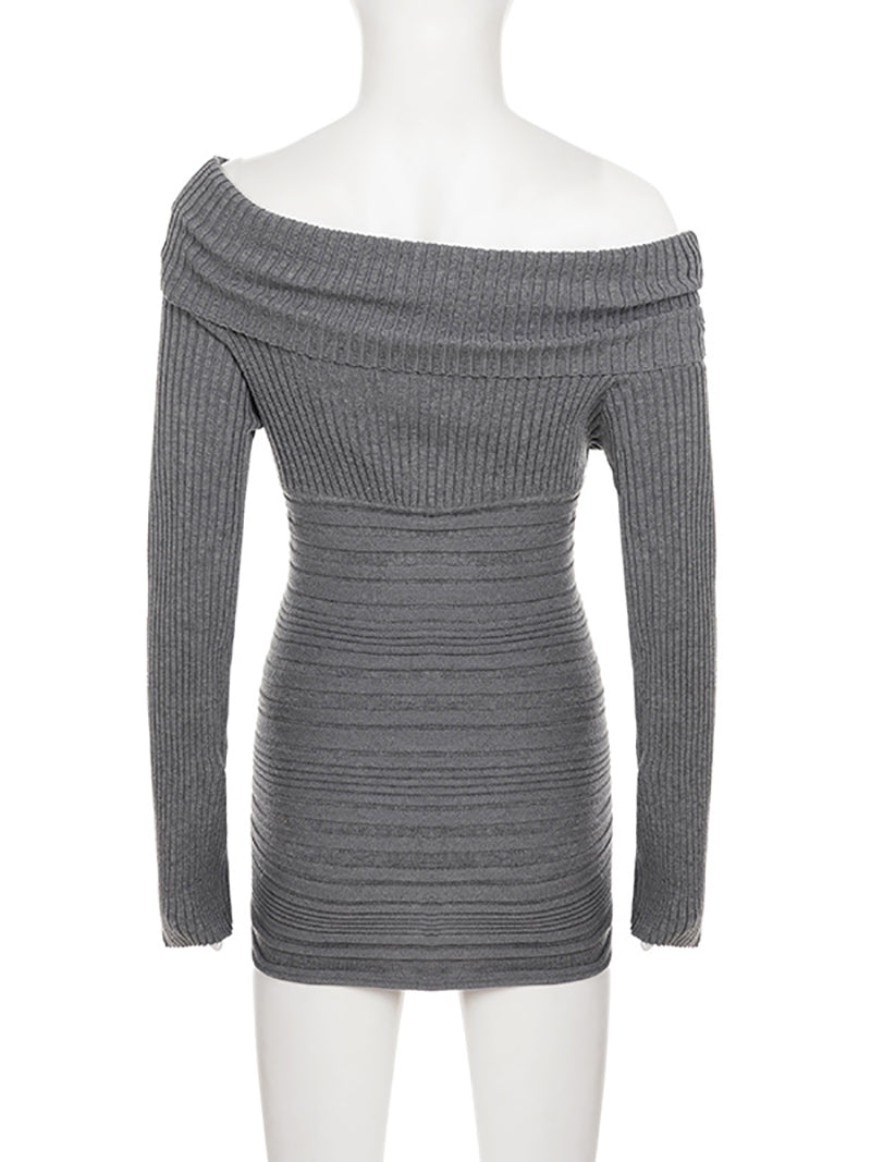 Fashion Off Shoulder Ribbed Knit Slim Mini Dress