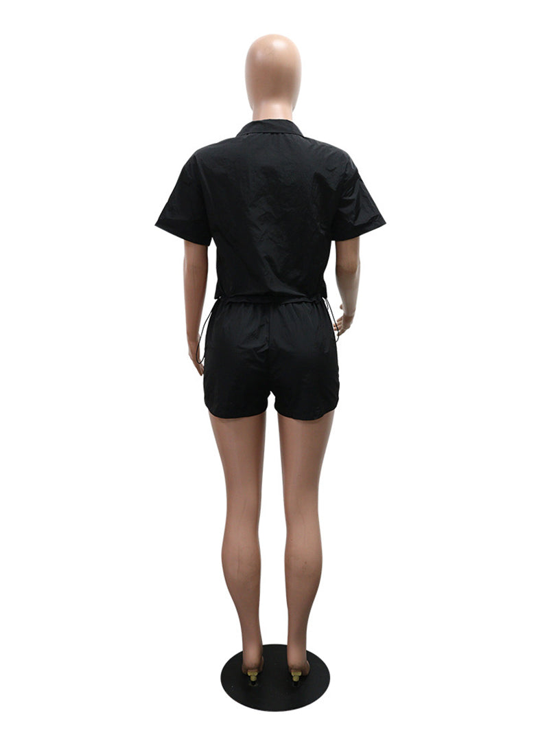 Casual Zipper Contrast Color Half Sleeve Shorts Sets