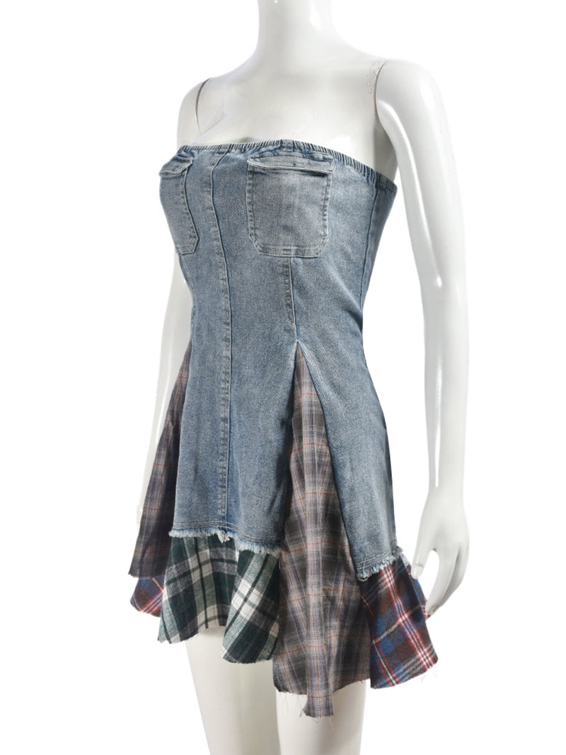 Fashion Strapless Plaids Patchwork Denim Dress
