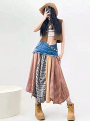 Plaid Panel Denim Midi Skirt