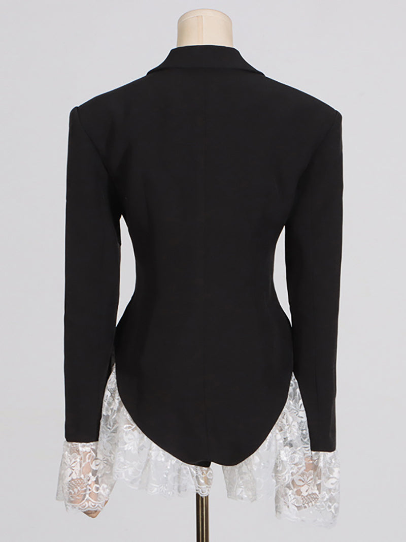 Elegant Lace Patchwork Ruffles Blazer Bodysuit