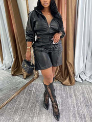 Casual Faux-Leather Hoodie And Shorts Two Piece Set