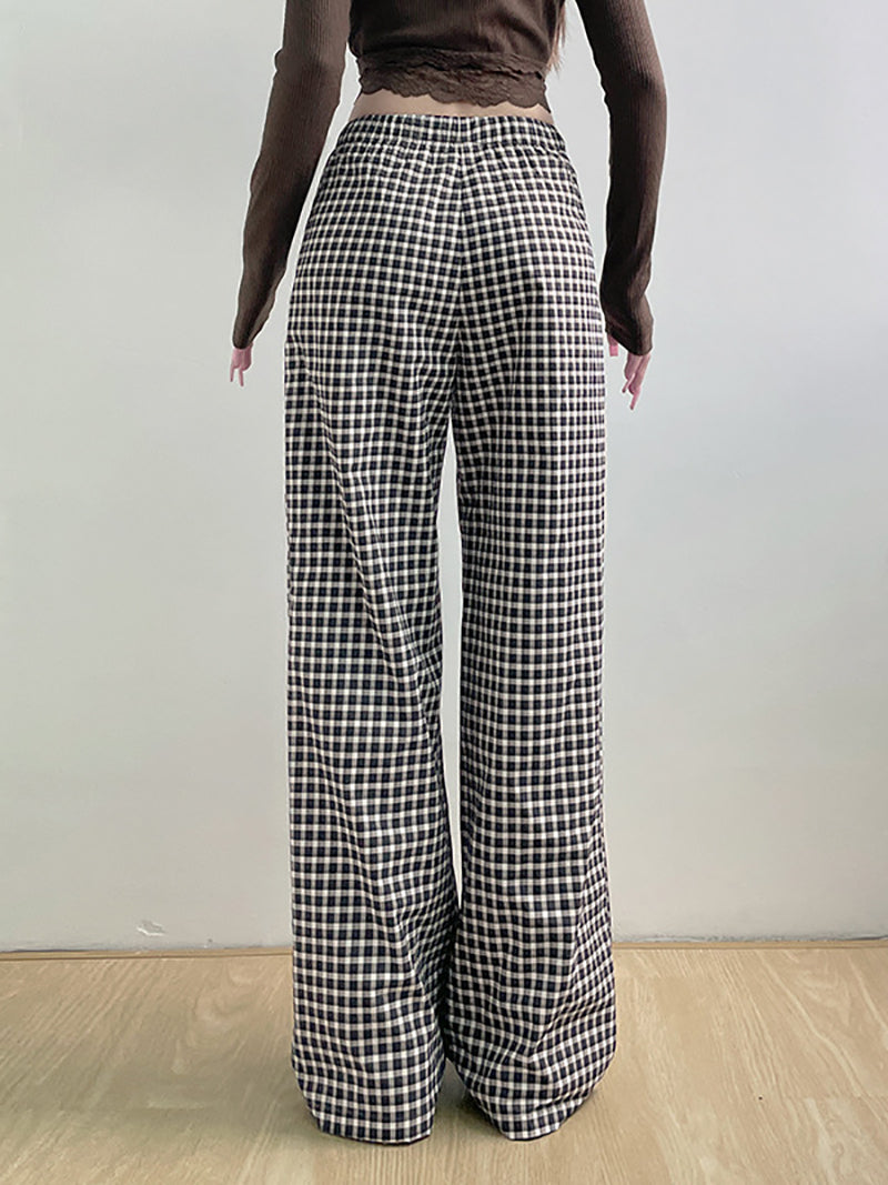 Casual Plaid Print Wide Leg Trouser