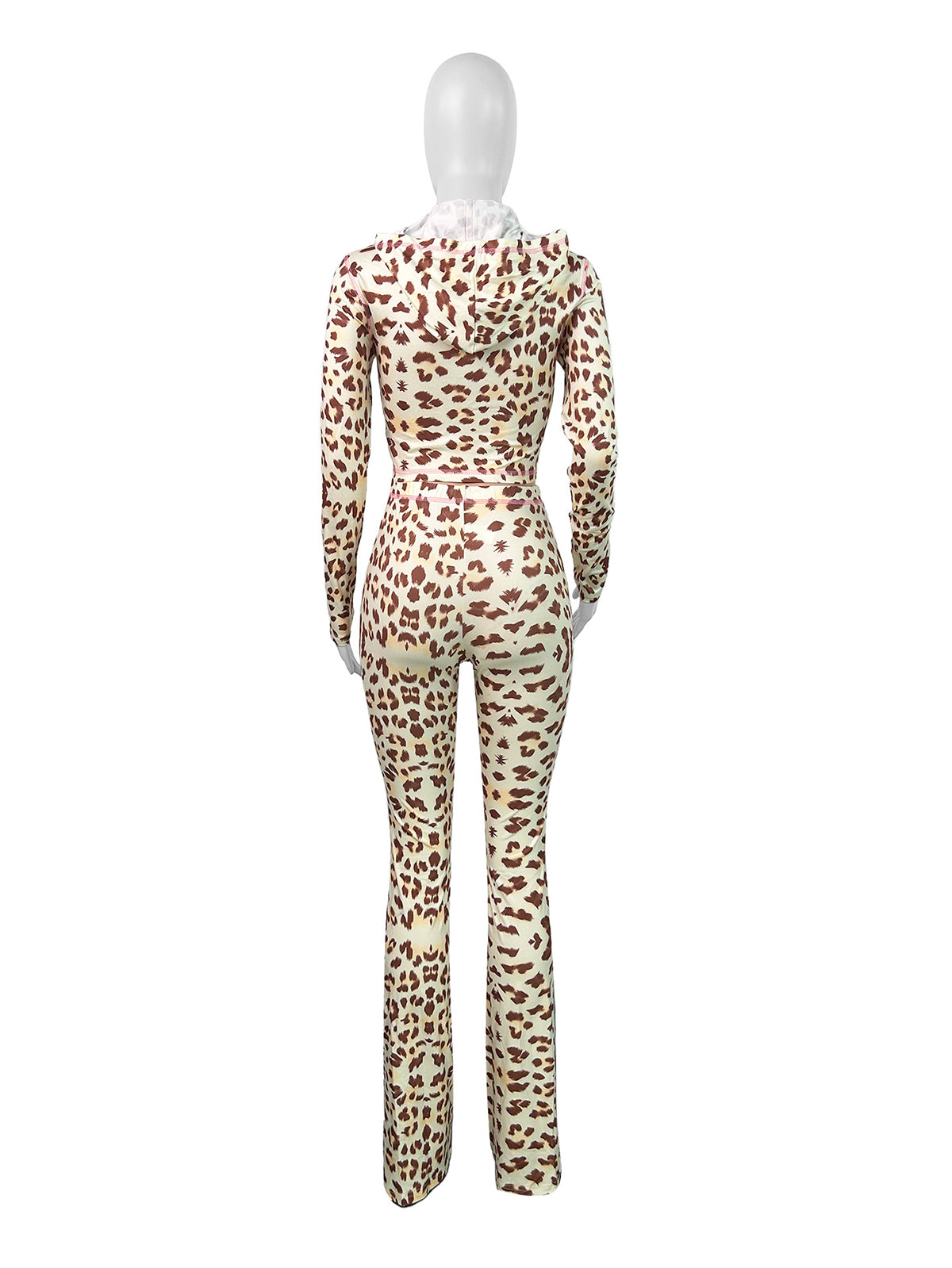 Leopard Print Zipper Hooded Tops Tight Pants Sets