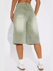 Water Washed Adjustable Buckle Denim Shorts