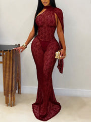 Sheer Lace Cape Mermaid Maxi Dress