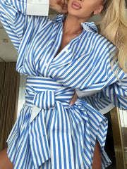 Fashion Stripe Ruffle Lace-up Shirt Mini Dress