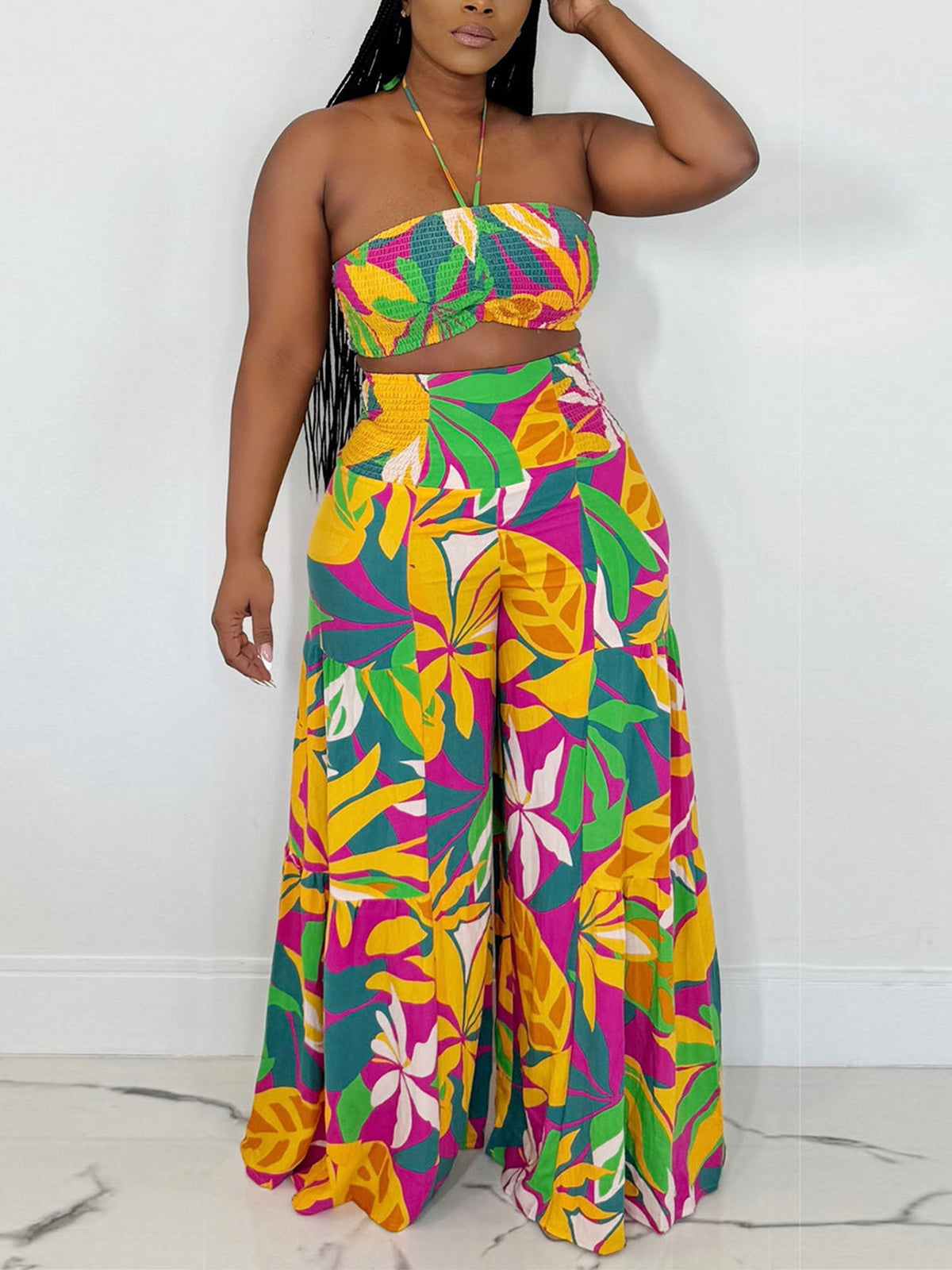 Print Halter Backless Wide Leg Pants Two Piece Set