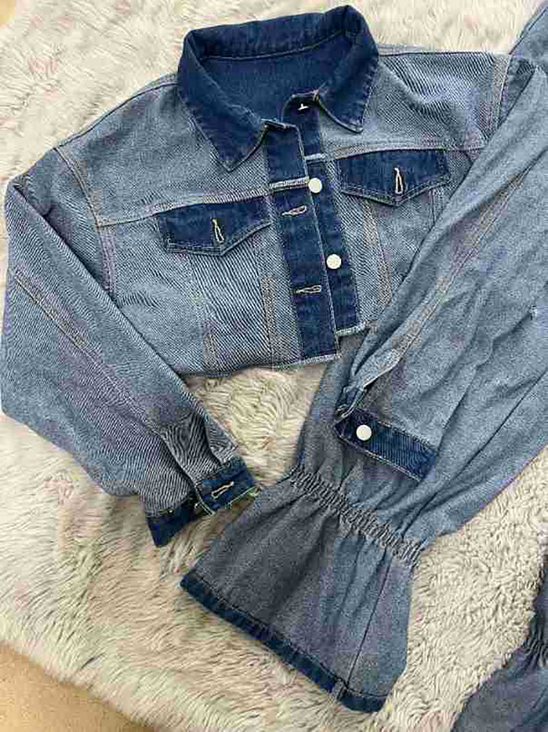 Denim Patchwork Cropped Jacket And Jeans Set