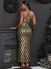 Gold Scallop Sequin Cami Midi Dress
