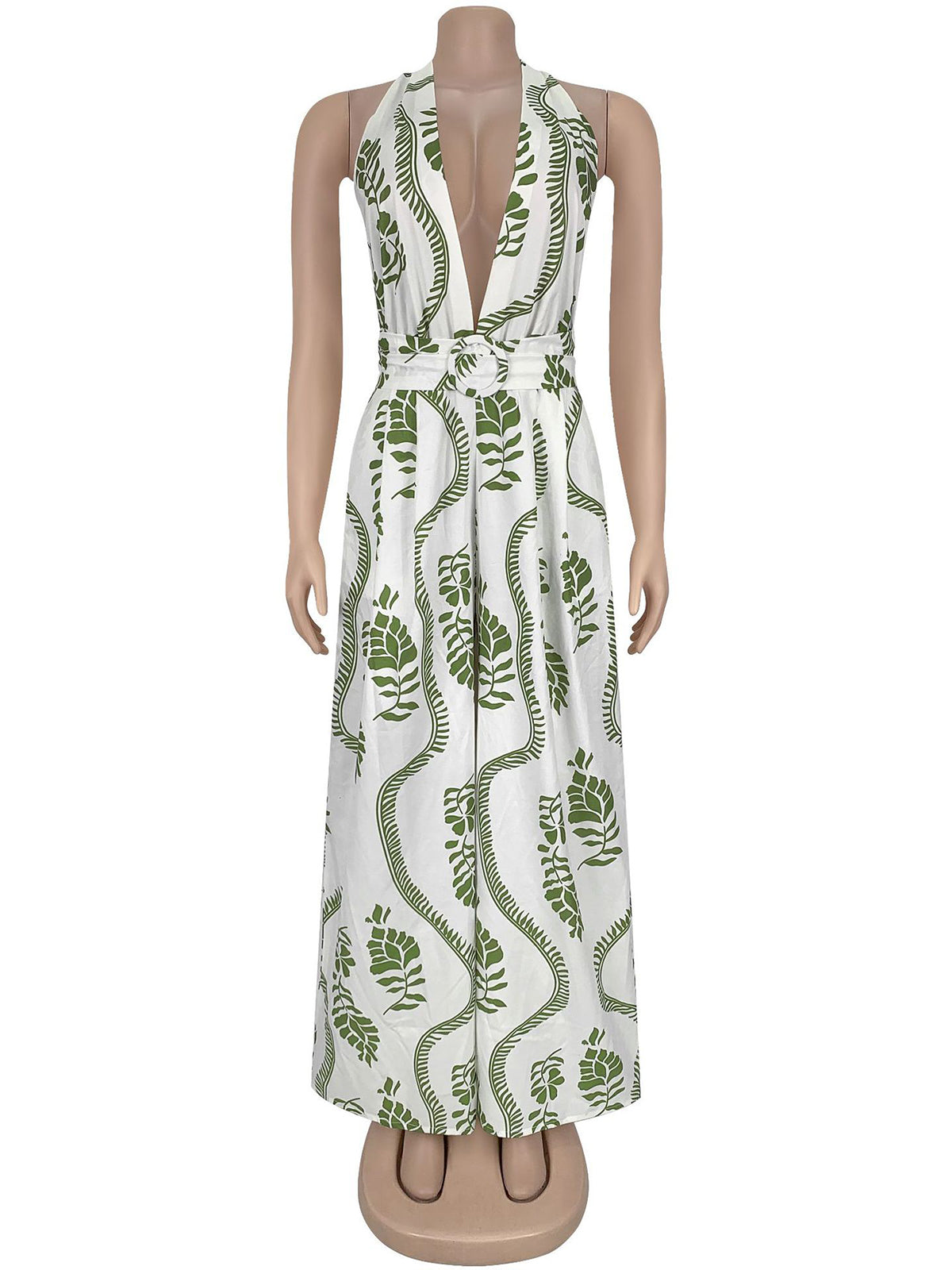 Fashion V-neck Print Halter Backless Wide Leg Jumpsuit
