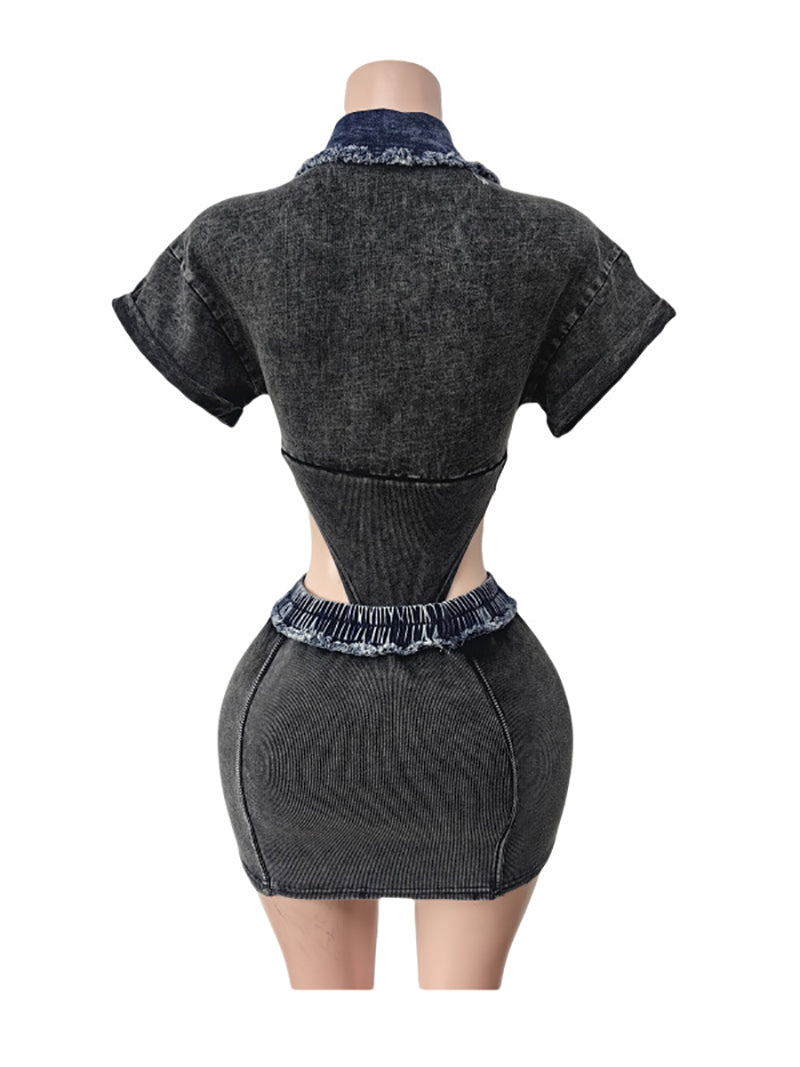 Retro Denim Lapel Bodysuit Skirt Sets