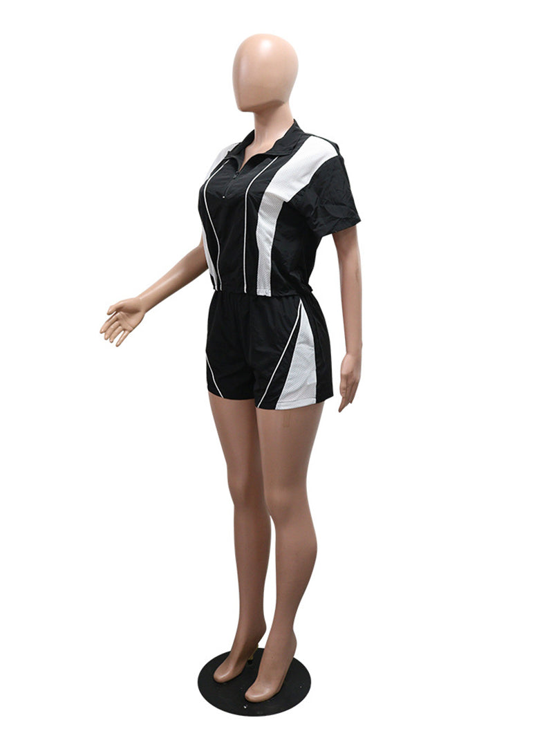 Casual Zipper Contrast Color Half Sleeve Shorts Sets