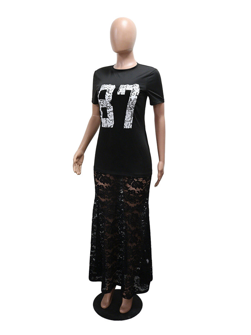 Sexy Letter Print Lace Patchwork Hem Maxi Dress