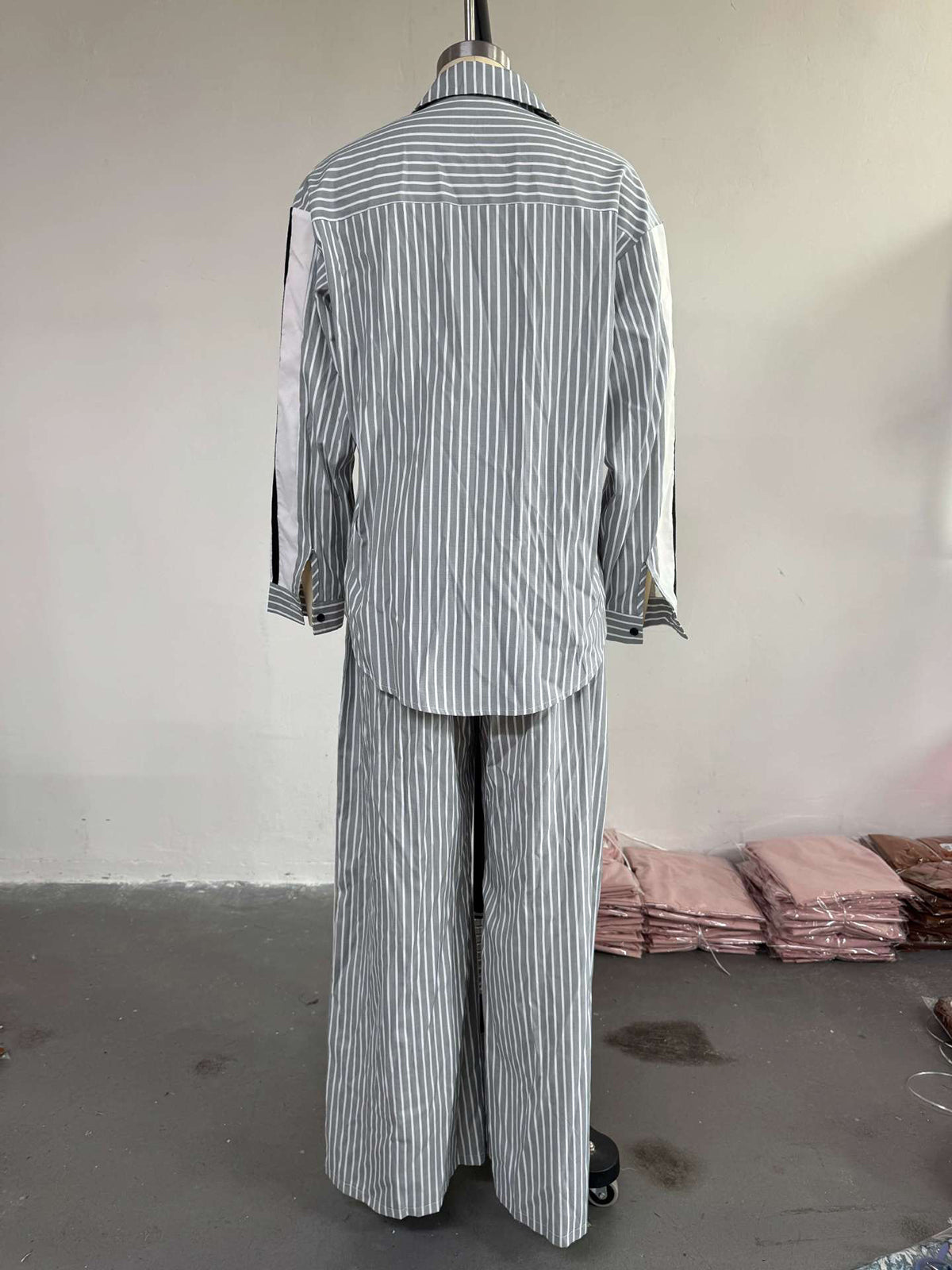 Fashion Lapel Stripe Shirt Wide Leg Pants Two Piece Set