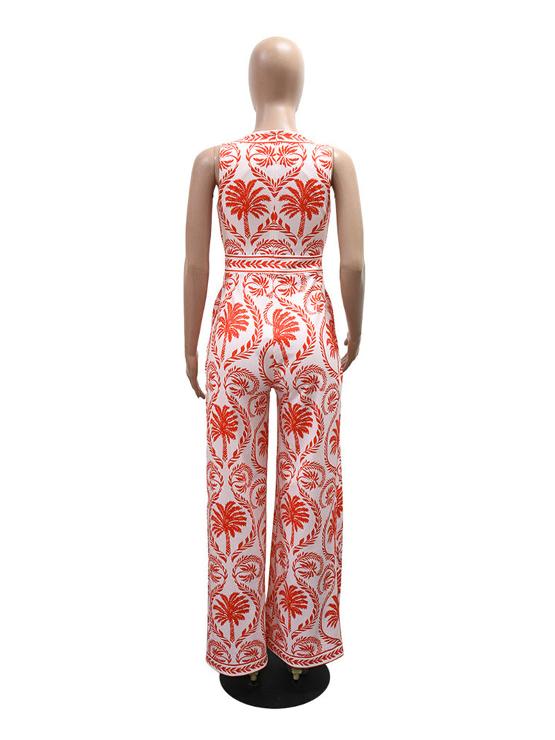 Sexy V Neck Print Tie Front Lace-up Wide Leg Jumpsuit