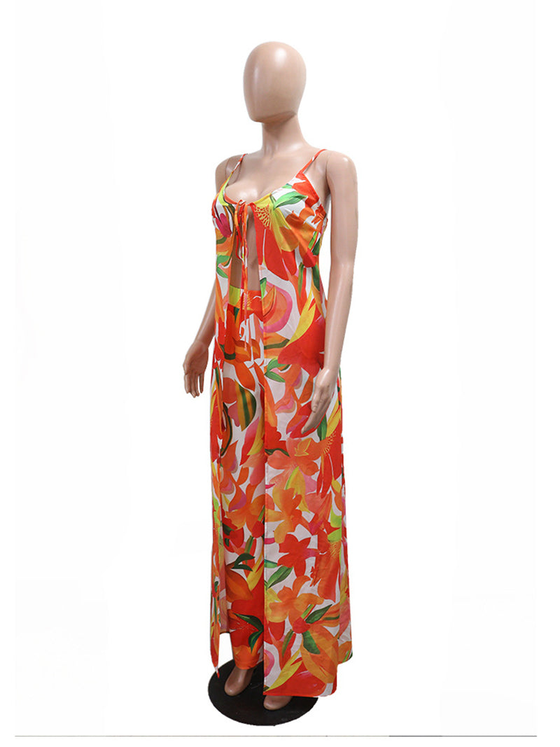 Fashion Print Lace-up Cardigan Top Wide Leg Pants Set