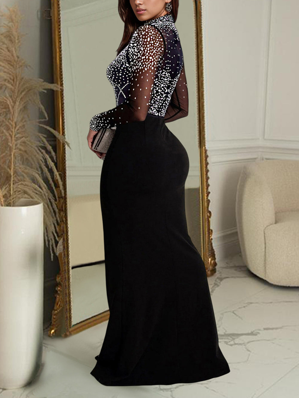 Sexy High Neck Slit Rhinestone Dress