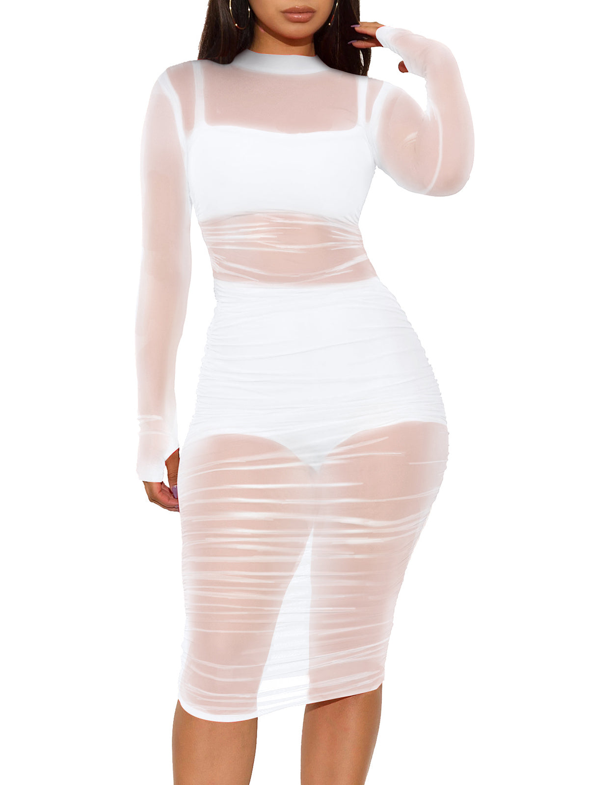 Sexy Sheer Mesh Ruched Bodycon Dress 3 Piece Sets