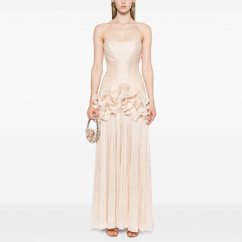 Ruffle Trim Strapless Maxi Dress-boutique
