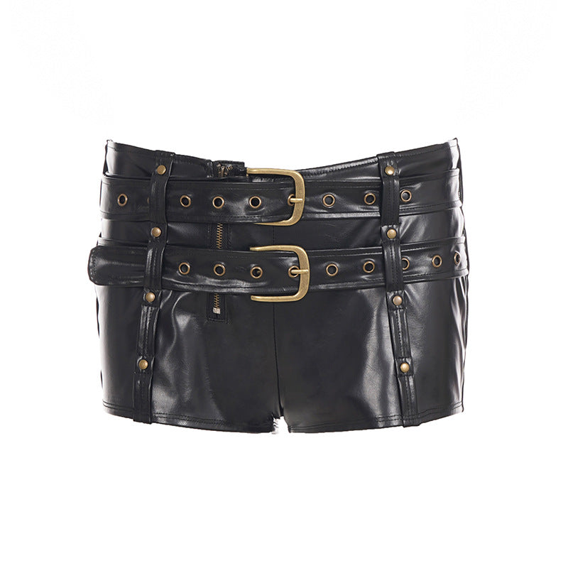Double Belt Faux Leather Micro Shorts