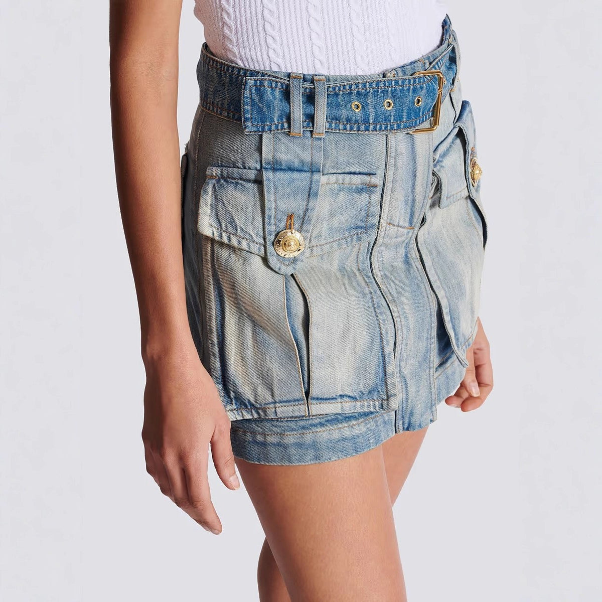 Casual Belted Denim Mini Skirt
