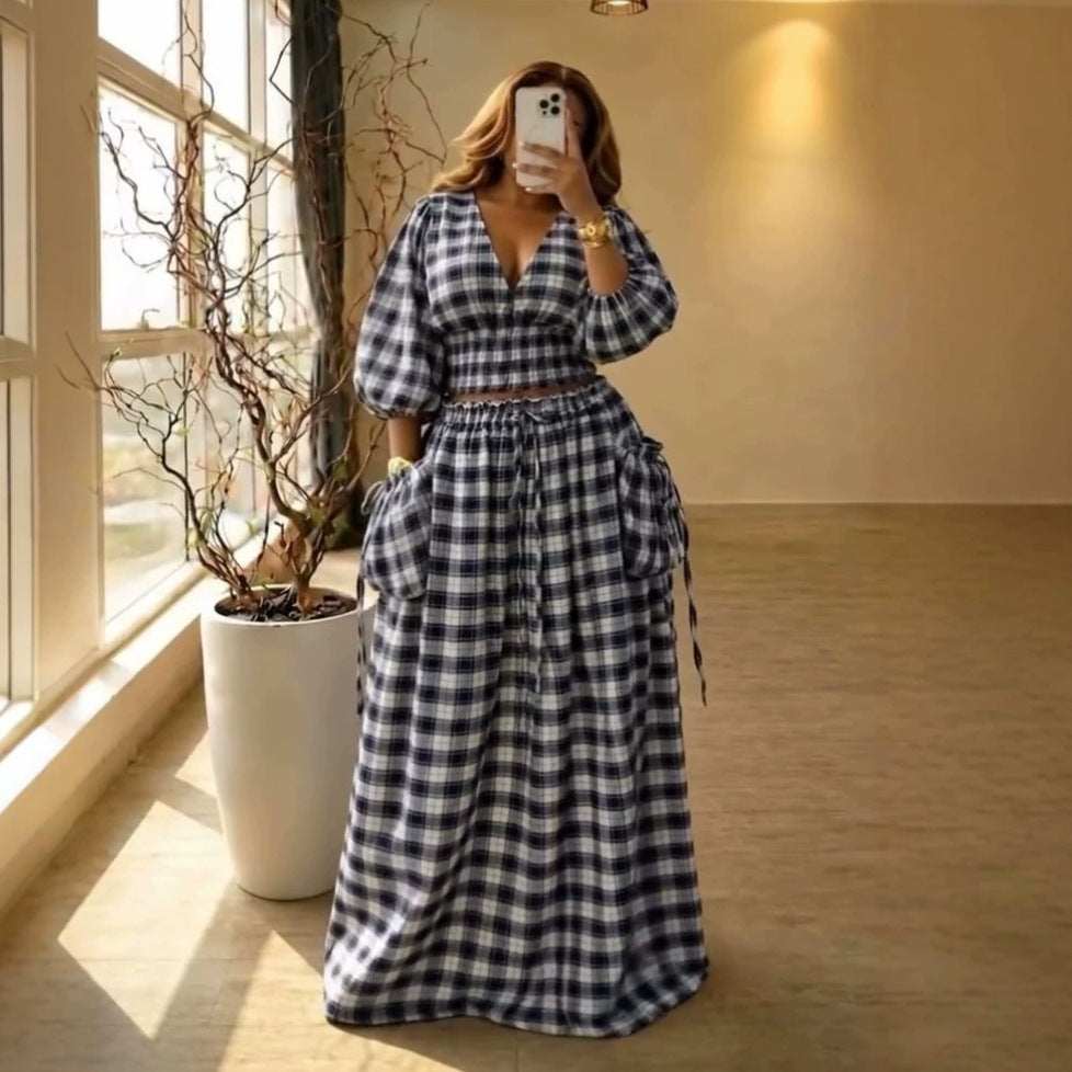 Plaid Balloon Sleeve Blouse and Skirt Set