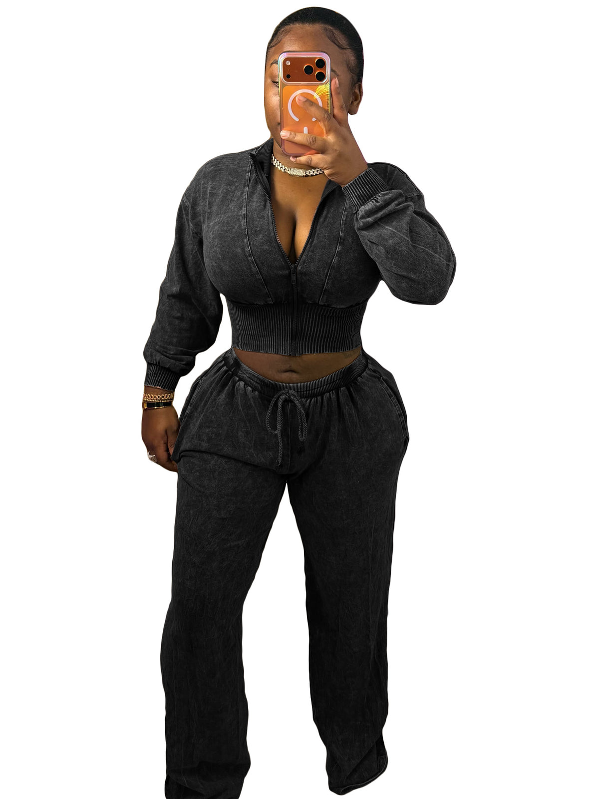 Washed Zip Jacket and Wide Leg Pants Set