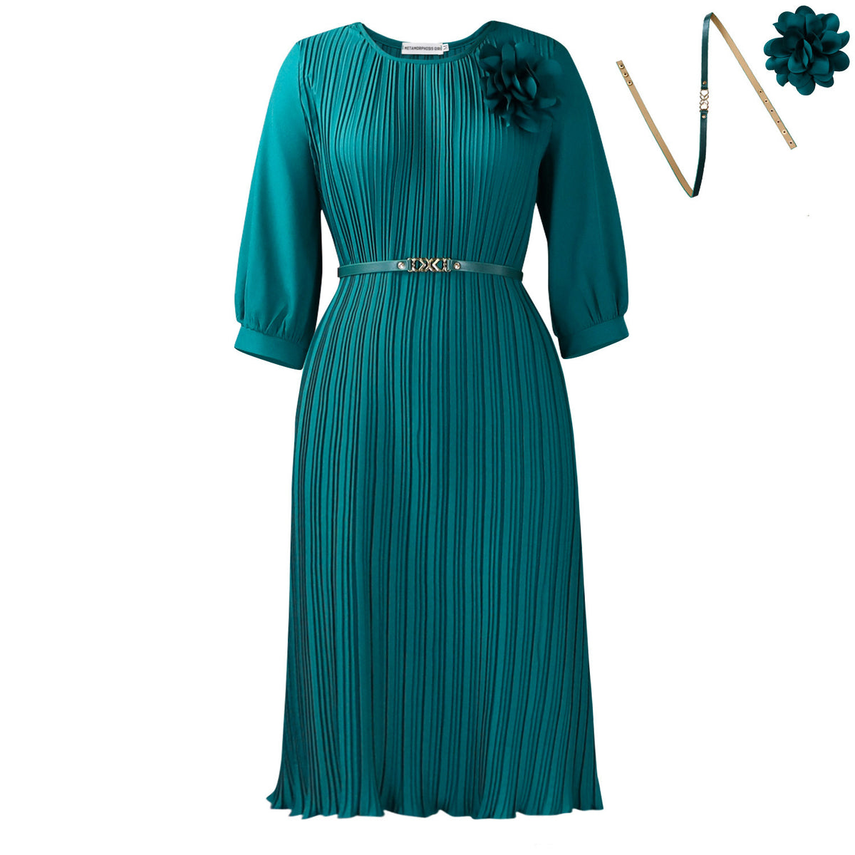 Belted Crew Neck Pleated Midi Dress