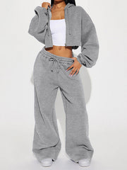 Puff Sleeve Crop Hoodie and Wide Leg Pants Set