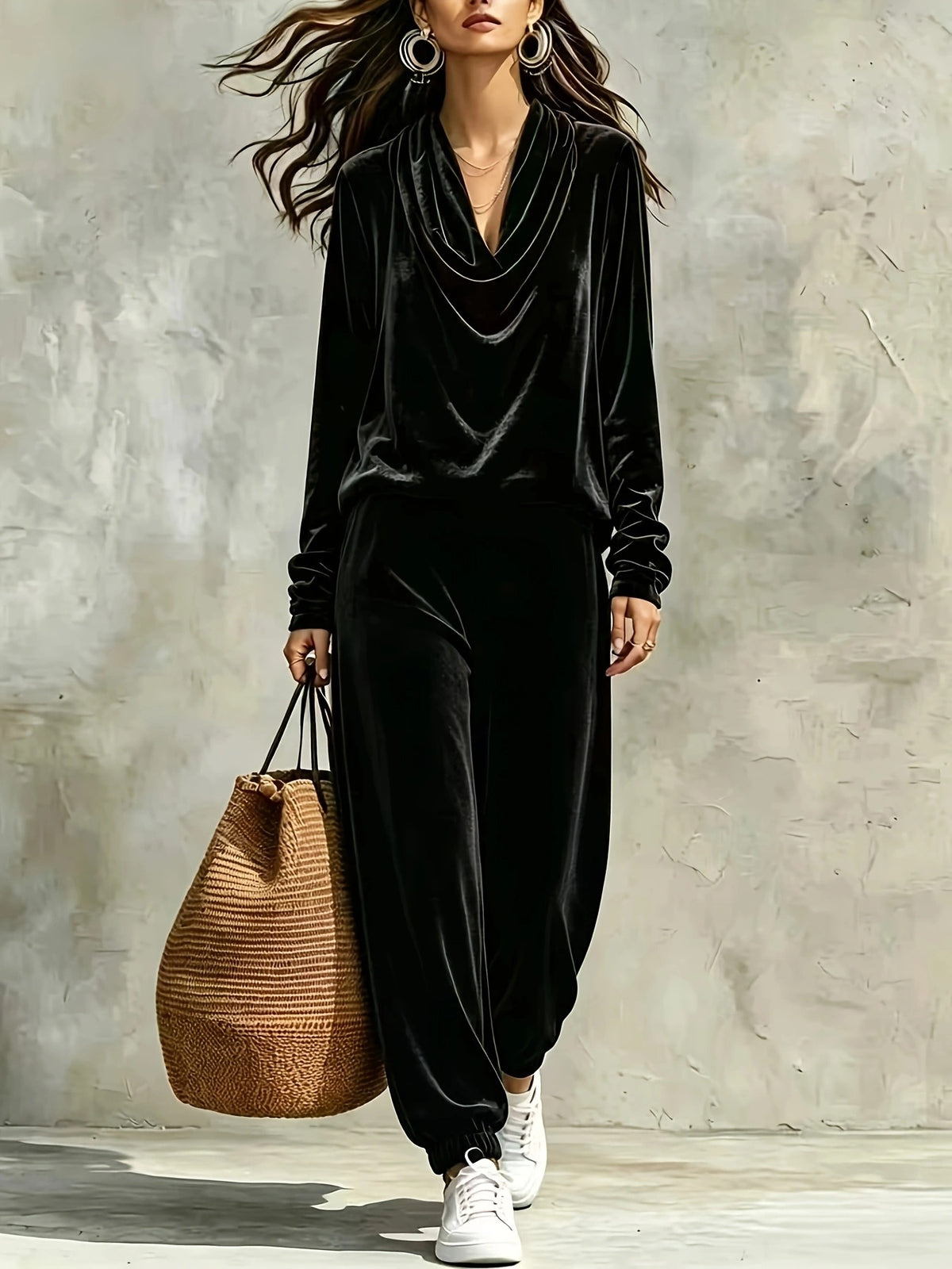 Cowl Neck Long Sleeve Relaxed Pants Set