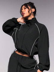 Contrast Piping Cropped Jacket and Wide Leg Pants Set
