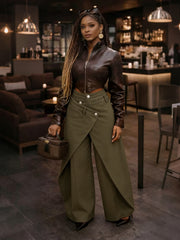 Cross Buckle High Waist Wide Leg Pants