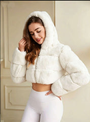 Hooded Paneled Faux Fur Cropped Jacket