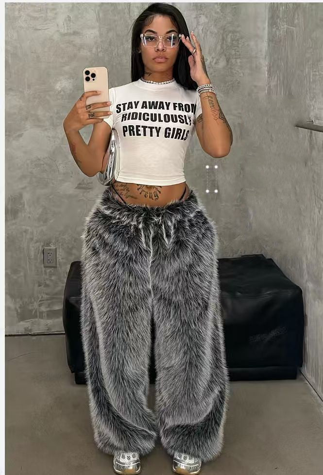Shaggy Faux Fur Wide Leg Pants