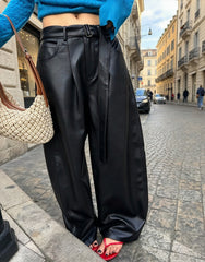 High Waist Pleated Wide Leg Faux Leather Pants-boutique