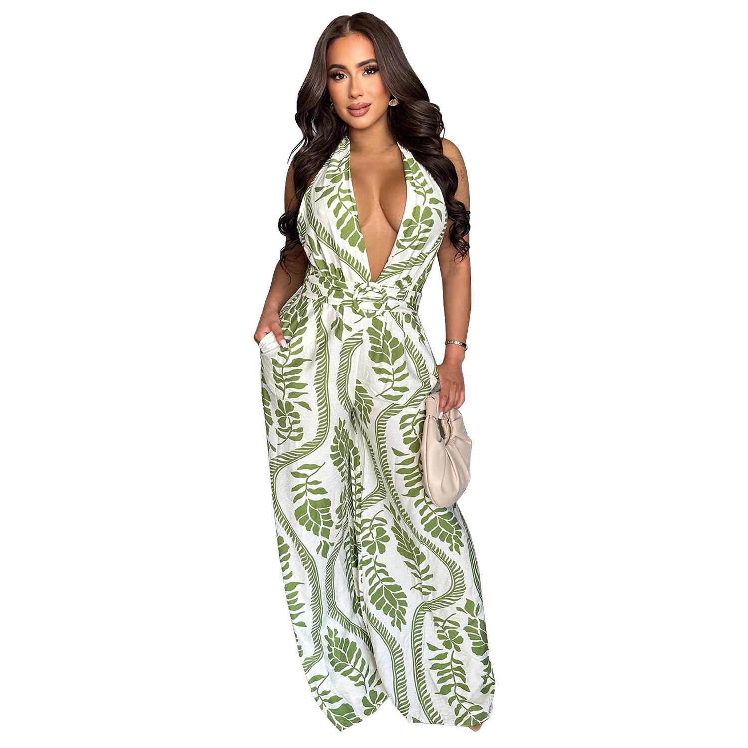 Fashion V-neck Print Halter Backless Wide Leg Jumpsuit