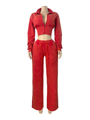 Washed Zip Jacket and Wide Leg Pants Set