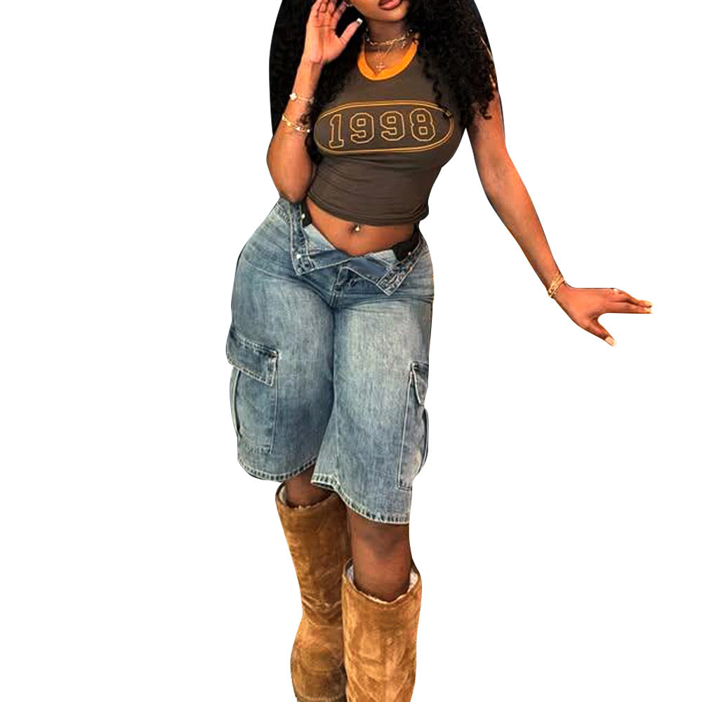 Stretch Denim Cargo Bermuda Shorts