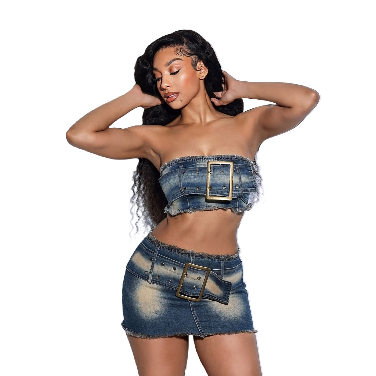 Sexy Strapless Elastic Denim Skirt Set