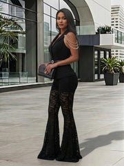 Pearl Top and Lace Flare Pants Set-boutique