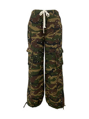 Rhinestone Pearl Camo Cargo Wide Leg Pants