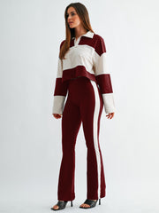 Color Block Polo Top and Flare Pants Set