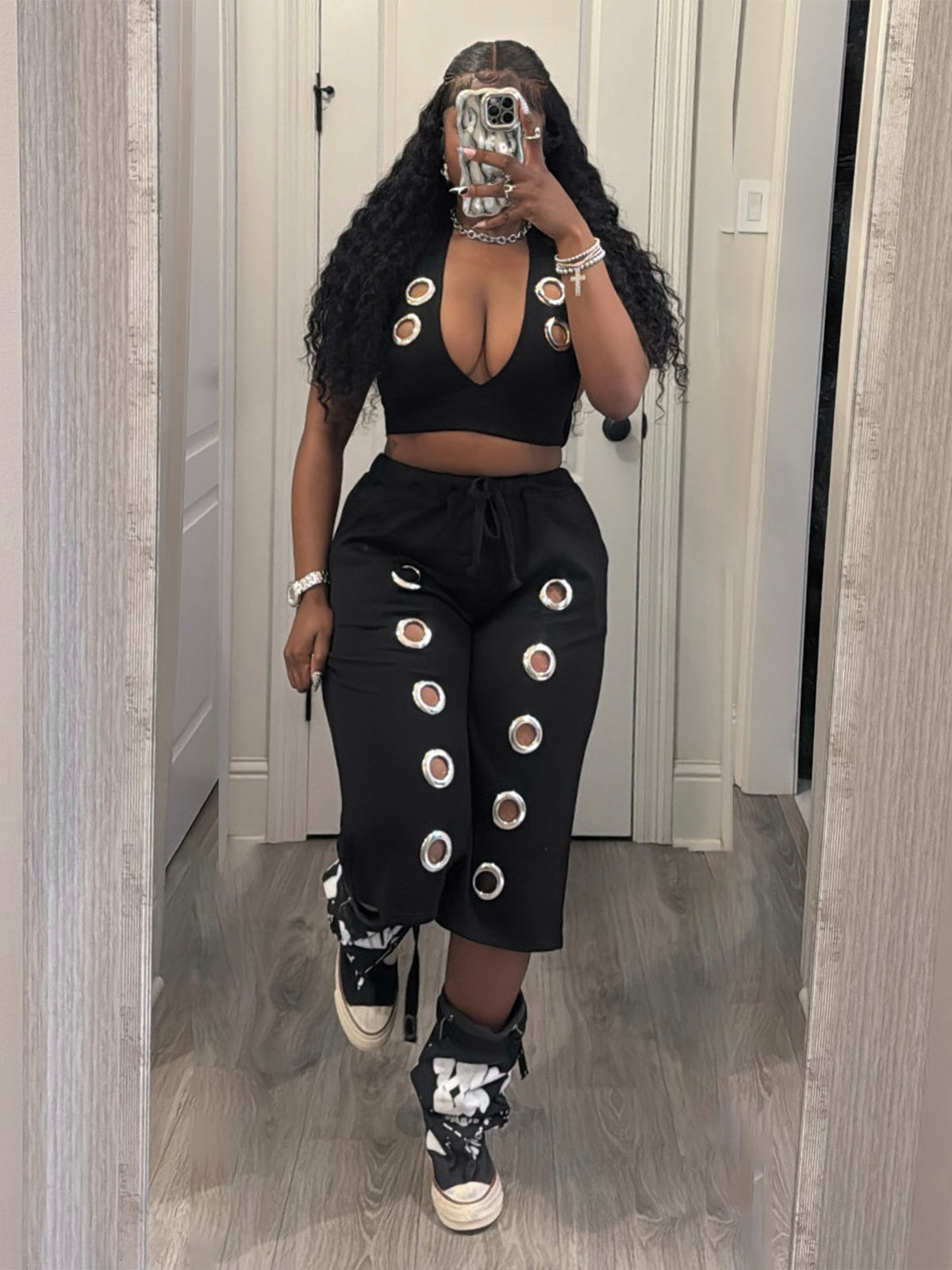 Casual Halterneck Crop Vest Wide Leg Capri Pants Set