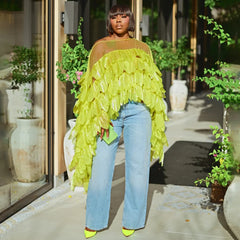 Layered Ruffle One Shoulder Mesh Top